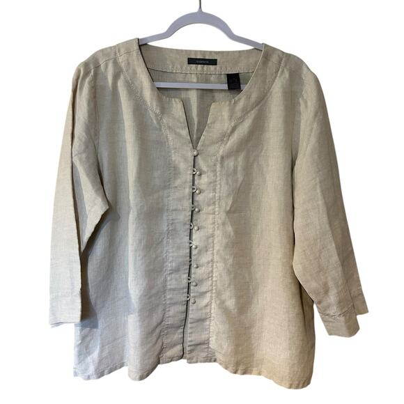 Liz Claiborne 100% Linen Blouse Top Tunic Beige SZ XL Button Front Boho Cottage - Picture 2 of 8